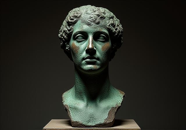 Escultura de bronce oscurecida y con sulfatación verde