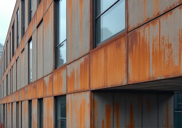 Fachada de acero oxidado en Madrid antes de la restauración