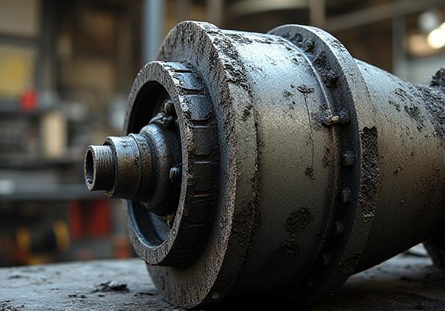 Turbina industrial con corrosión profunda y grasa acumulada